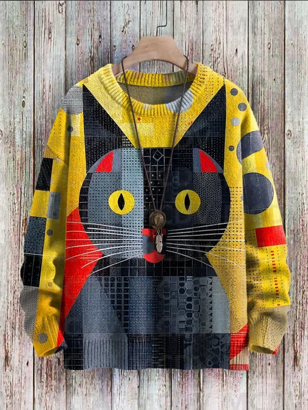 Suéter pulôver de malha casual com estampa de pássaros e flores de gato preto fofo suéter clássico masculino para mulheres