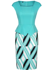 Womens geometrie print vierkante hals peplum werk kantoor knielengte patchwork business casual party potlood bodycon schede jurk