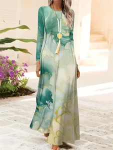 Women's Long Sleeve Round Neck Floral Print Dress Vacation Style Green Blue Yellow Wave Pattern Summer Casual A Line Dress