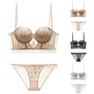 Small Chest French Lace Underwear Women Bra Set See Through Ultra Thin Mesh Tube Bras And Panties 2 Piece Sleepwear Lingerie Set
