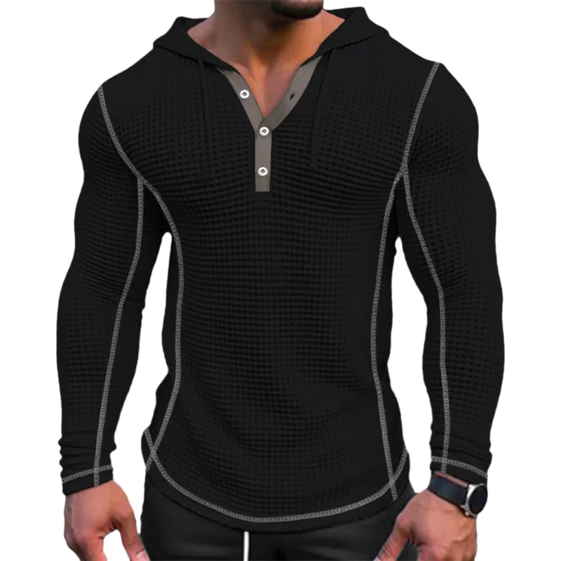 T-shirt à manches longues pour hommes, couleur unie, coupe cintrée, à capuche, respirant, haut de sport, en coton gaufré, décontracté, printemps