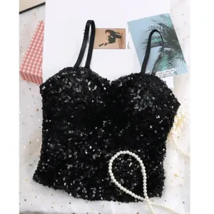 Débardeur une pièce à paillettes brillantes, enveloppe fixe sur la poitrine, haute élasticité, dos nu, sous-vêtements, couche de Base courte, haut d'été