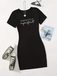 Sommer Damen PERFECTLY Print Casual Slim Fit Kurzarm Rundhals T-Shirt Minikleid