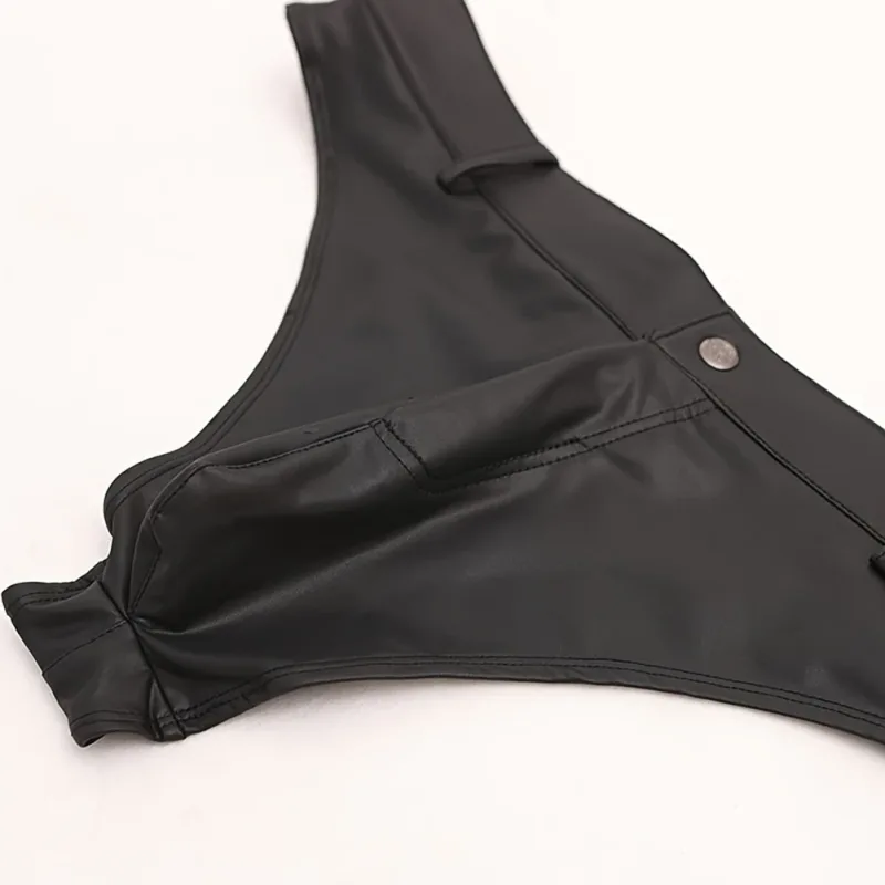 Männer Kunstleder Shorts Tangas Knopf T Schritt Low Rise Sehr heiße Dessous Sissy G-String T-Back Kurze Unterwäsche Herrenbekleidung