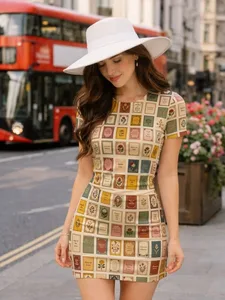 Womens Short Sleeve Bodycon Mini Dress Slim Fit Crew Neck Floral Print Casual Summer Party Cute Casual Weekend Clubwear Sundress