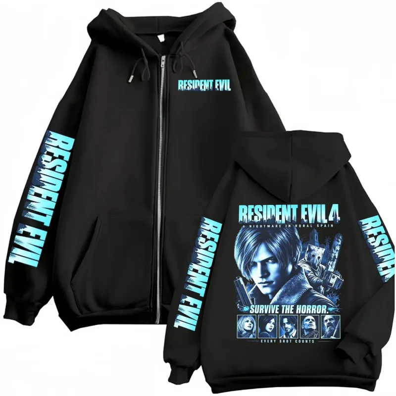 Resident Evil Requiem Zip Up Hoodie Leon Kennedy Permainan Horor Ritsleting Hoodie Pria Wanita Harajuku Klasik Jaket Kaus Mantel