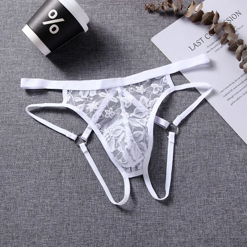 Sexy na Panloob na Panlalaki G-Strings Exotic Lingerie Panties Sheer Lace Pouch Hollow Out Lace Flower Pattern Adjustable Waistband
