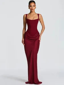Mozision elegante sem costas sexy maxi vestido feminino moda gola quadrada sem mangas magro ruched clube festa vestidos longos