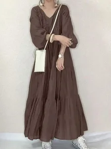 Vintage Ruffle Dress Pambabaeng Spring Sundress Casual Puff Sleeve Maxi Vestidos Pambabaeng V Neck Robe Elegant Long Dresses