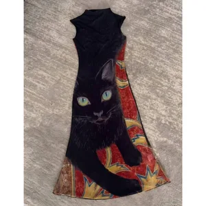 Kvinnor Gothic Black Cat Art Print Mock Neck Ärmlös Maxiklänning Vintage Dark Y2K Slim Bodycon Mermaid Long Dress Streetwear