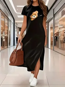 பெண்கள் கோடை சாதாரண கிராஃபிக் அச்சு தளர்வான மற்றும் வசதியான நீண்ட ஆடை நீண்ட டி-சர்ட் ஆடை பெண்கள் கோடை மோதல் ஆடைகள்