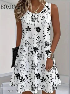 Women's Casual Floral Print Summer Dresses Sleeveless Round Neck Dress Sundress Beach Vacation Dress Y2k Ladies Loose Clothes