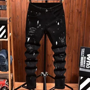 Pantalones vaqueros ajustados a la moda para hombre, parches con agujeros rasgados desgastados, diseño informal de primavera y otoño, pantalones coreanos de ropa de lujo