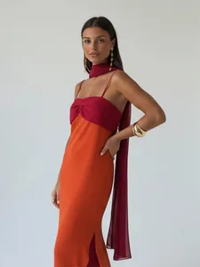 แฟชั่นผู้หญิงสี Blocking ผ้าพันคอชุดสลิงเซ็กซี่เอว Cinching Bodycon Maxi ชุด 2026 Lady Club Party Vestidos