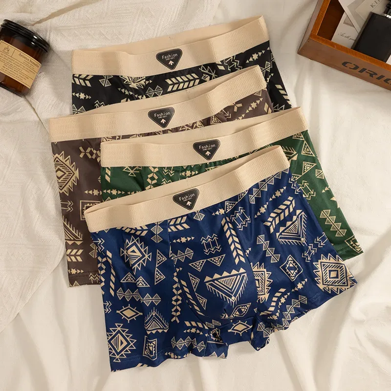 Cueca boxer masculina retrô estilo étnico, confortável, tecido liso, estampa vintage, roupa íntima elástica para homens, lingerie plana