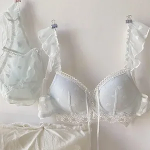 סט הלבשה תחתונה Kawaii יפני לציצים קטנים ברלט הדפסת לב רומנטי מתוק ללבוש נוח ליום יום חזייה נגד רפיון