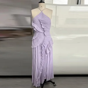 優雅頸帶荷葉邊晚禮服純色褶皺繫帶露背性感派對禮服 2025 新款派對度假 Y2K 長袍