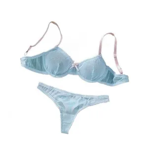 Blue Mesh Patchwork Splicing Thin Strap Strappy Semi Sheer Lightweight Lace Sexy Underwear Apparel Women Bra Briefs Lingerie Set