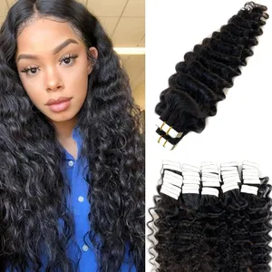 Deep Water Wave Tape In Hair Extensions Natural Black Remy 100% Human Hair 20ks/50g Curly Tape ins Invisible Adhesive Seamless