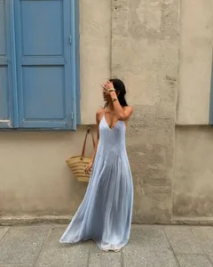Sexy dámské jednobarevné plisované dlouhé šaty elegantní bez rukávů podvazkové šaty slim fit šaty na plážový večírek