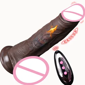 Mainan Seks Penggetar Dildo Pendorong Dildo Hitam Silikon Dipanaskan Seperti Hidup dengan 10 Mode Pendorong & 10 Mode Getar untuk Klitoris G Spot