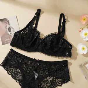 Conjunto de sutiã de renda sexy feminino push up sem almofada respirável underwire fina sólida calcinha lingerie requintada diariamente