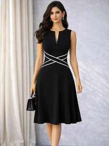 Dámské Bez rukávů Elegantní Letní Pracovní Kancelář Vintage Přední Zip Podnikání Ležérní Party Šaty Slim Fit And Flare Swing