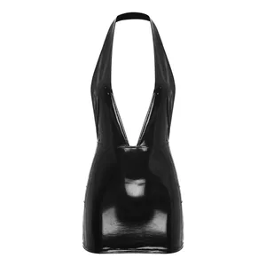 Γυναικείο γυαλιστερό φόρεμα Bodycon Wet Look Δερμάτινο λουστρίνι με φερμουάρ Κλείσιμο V λαιμόκοψη, στενό φόρεμα μίνι για Rave Party Clubbing