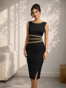 Dames elegante mouwloze splitwerk kantoor knielengte vintage business casual party potlood bodycon schede jurk