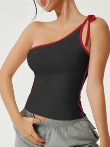 Epäsymmetrinen yksi olkanauhanauha, naisten toppi, punainen kontrastikoristelu Slim Fit Crop Cami Summer Y2K hihaton liivi