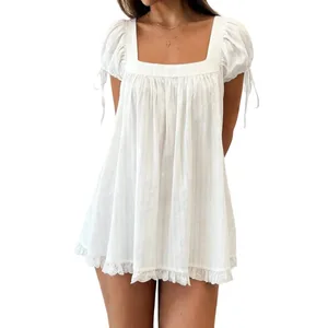Lamuusaa y2k Abito Coquette da Donna Estivo con Collo Quadrato Manica Corta A-Line Mini Abiti con Volant per Lo Shopping Quotidiano Viaggi in Ufficio