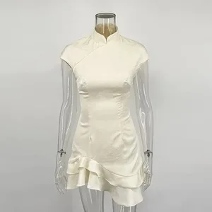 Trendix 女優雅緞面晚禮服時尚立領高腰修身迷你連身裙派對性感短袖荷葉邊連身裙