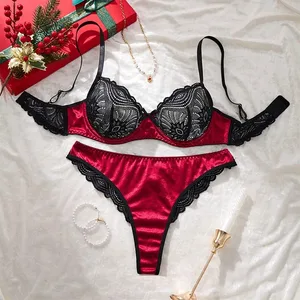 Valentine Sexy Undertøy Svart Blonder Skjøteundertøy Damesett Ultratynn Luksus Intimundertøy 3-punkts Transparent BH-sett