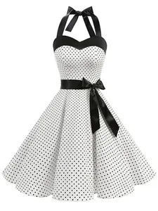 Phụ Nữ Chấm Bi In Hình Mùa Hè Gợi Cảm Retro Trắng Dây Vintage Áo Dây Femme Pin Lên Rockabilly Đầm Dự Tiệc