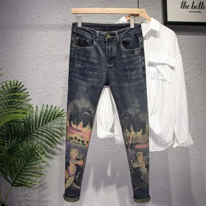 Forår og efterår Ny modetrend trykt elastiske jeans med lige ben til mænd Casual Retro Sports Jeans af høj kvalitet 28-36