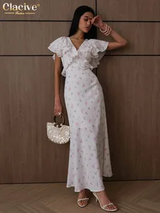 Clacive性感寬鬆印花女裝2026夏季V領短袖及踝連身裙優雅經典荷葉邊女連身裙