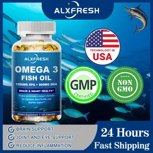 Minyak Ikan Alxfresh Wild Caught Omega 3– 120/60 Gel Lembut –3600mg Tinggi EPA 1300mg DHA 900mg Bukan GMO Makanan Tambahan Tanpa Gluten