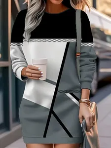 Women's Spring and Autumn Geometric Pattern Print Long Sleeve Round Neck Dress