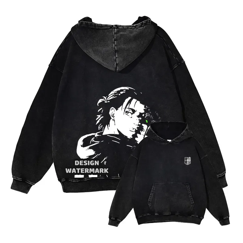 Anime Levi Hettegensere Vintage Washed A-Attack on Titan Hettegenser Casual Manga Yeager Eren Hettegensere Titan Attack Pullover
