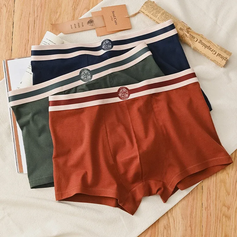 3PCS Herren-Unterwäsche, Baumwolle, bequem, atmungsaktiv, runder Etikettendruck, einfache Mode, Herren-Boxershorts, Unterwäsche-Kombination