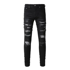 Mannen geplooide patch biker jeans streetwear skinny taps toelopende stretch denim broek gescheurde patchwork zwarte broek