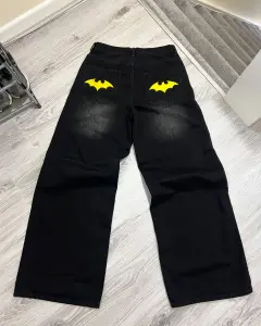Y2K 蝙蝠動物刺繡寬鬆牛仔褲復古男士黑色水洗嘻哈哥德牛仔長褲時尚女式直筒闊腿褲