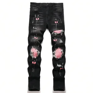 Gescheurde denim jeans voor heren met hoge stretch, skinny hiphopbroek, casual slim fit broek met patchworkborduurwerk, streetwear