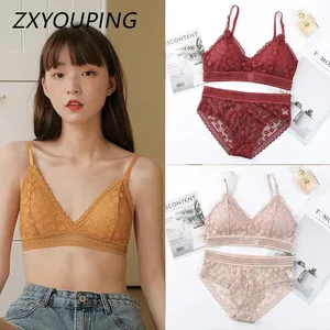 2PCS Sexy Lace Bra at Panty Set Push Up Seamless Bras Mid Waist Brief Set ng Underwear Set Sexy Underwear para sa Babae