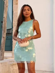 مثير الترتر عارية الذراعين فستان بلا أكمام المرأة شيك عالية الخصر Bodycon حبال فساتين صغيرة 2026 سيدة الشاطئ عطلة حفلة ملابس للنادي