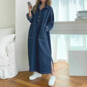 Hosszú ruha Női farmer ruhák lehajtható gallér Egy vonal Vestidos Maxi Mom Farmer Utcai ruházat Alkalmi laza Y2k Nyár 2025 Party