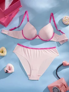 Conjunto de roupa interior feminina sem costura sólida carta guarnição push up sutiã confortável underwire suporte casual conjunto de lingerie diária