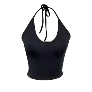 Canotta da donna Primavera Estate Maglia a coste nera con paillettes stellate Halter Scollo a V Senza maniche Tagliata Slim Casual Quotidiano