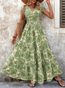 2026 Đầm In Hình Vintage Thời Trang Và Thanh Lịch Cổ Chữ V Tay Ngắn Jumpsuit Váy Dài Nữ