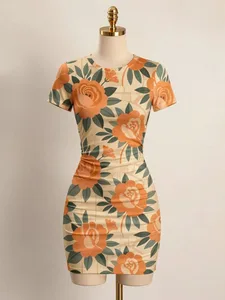 Womens Short Sleeve Bodycon Mini Dress Slim Fit Crew Neck Floral Print Casual Summer Party Cute Stretch Modern Vacation Sundress